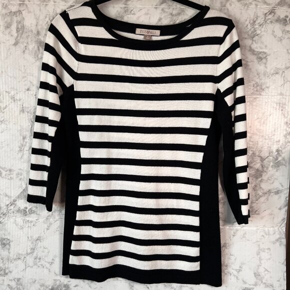 Roz & Ali Sweaters - Roz & Ali Sweater Black/White Stripe Size Small 3/4 Length Sleeves